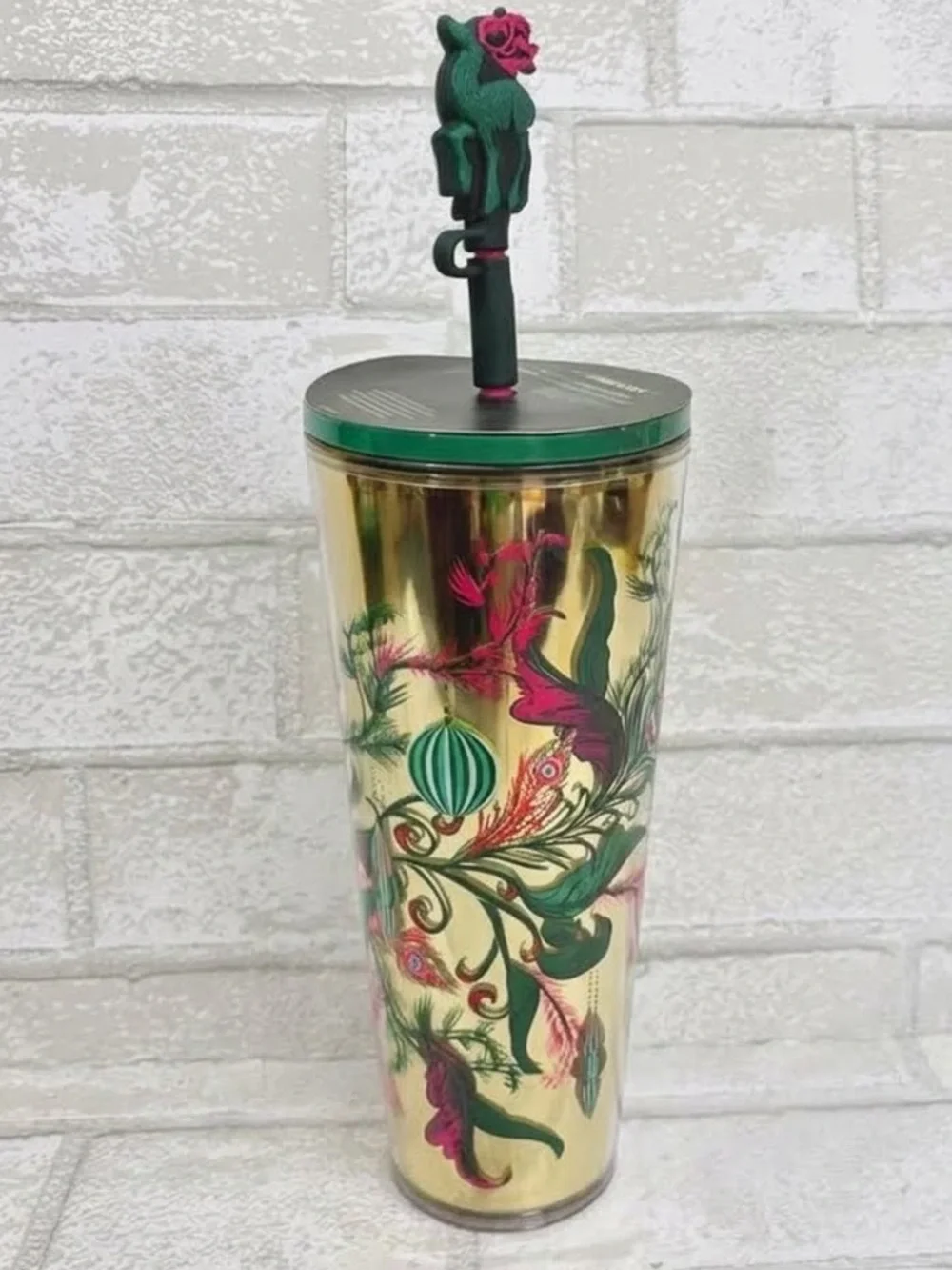 Starbucks Holiday 2024 Gold Festive Pink Reindeer NEW 24oz Tumbler Straw Topper